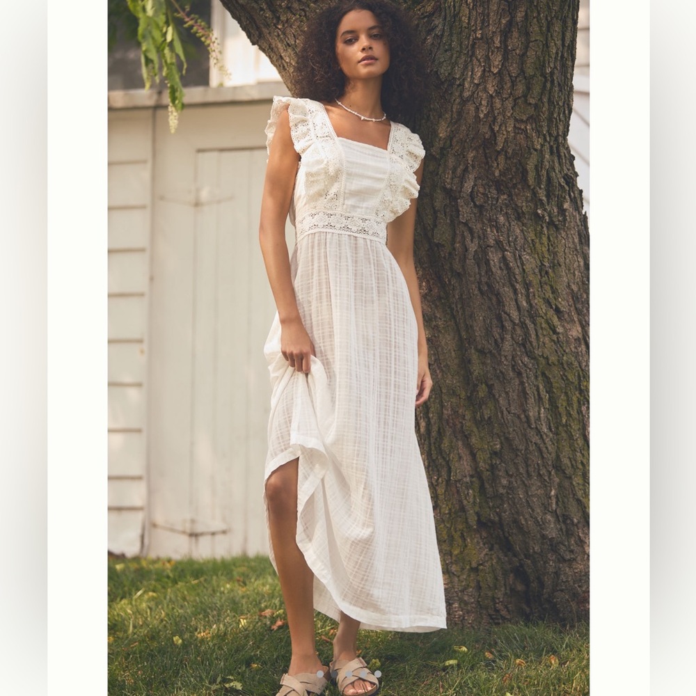 🆕 Anthropologie Ruffled Maxi Dress cotton & crochet White Size Xl New with Tags